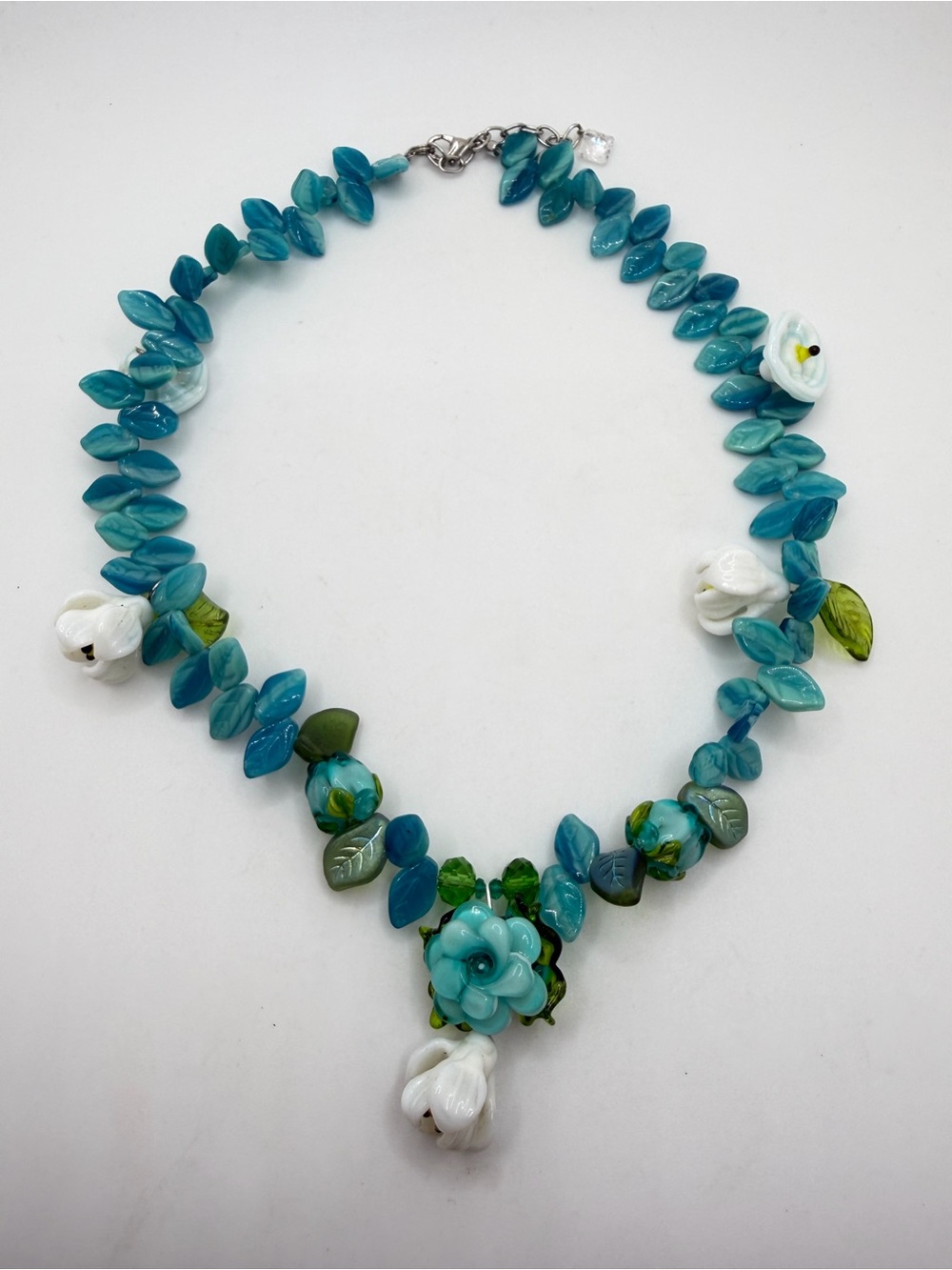 up to 18" NOIR, REVIVED blown glass flowers and glass leaves, necklace!